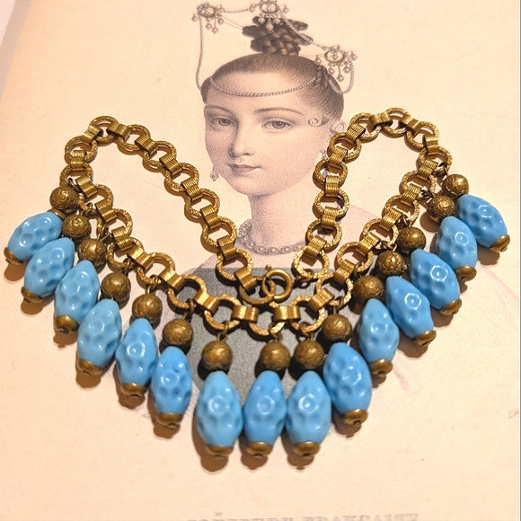 Antique Bookchain Czech Molded Pressed Sky Blue Glass Dangles Choker Necklace - Picture 5 of 8